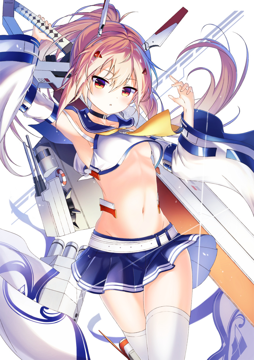 1girl armpits ayanami_(azur_lane) azur_lane breasts choker commentary_request detached_sleeves hair_ornament hairclip headgear highres holding holding_sword holding_weapon long_hair looking_at_viewer machinery navel orange_eyes parted_lips pleated_skirt ponytail satou_(3366_s) school_uniform serafuku silver_hair simple_background skirt small_breasts solo sword under_boob weapon wide_sleeves