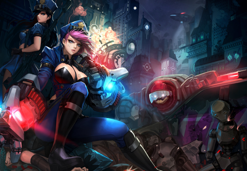 3girls aircraft black_boots blitzcrank blue_eyes boots breast_tattoo breasts caitlyn_(league_of_legends) cigar cleavage daeho_cha earrings elbow_gloves explosion gauntlets gloves grin gun hat highres jewelry jinx_(league_of_legends) knee_boots large_breasts league_of_legends lips long_hair looking_at_viewer multiple_girls night officer_caitlyn officer_vi pink_hair police police_hat police_uniform rifle robot science_fiction sitting sitting_on_person smile smoking tattoo uniform vi_(league_of_legends) weapon