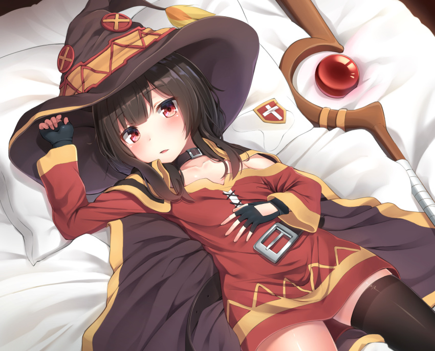 1girl bangs bed_sheet belt black_gloves black_hair black_legwear blurry choker cloak collarbone commentary depth_of_field dress eyebrows_visible_through_hair fingerless_gloves flat_chest gloves hand_on_own_stomach hat highres kono_subarashii_sekai_ni_shukufuku_wo! long_sleeves looking_at_viewer lying megumin off_shoulder on_back on_bed parted_lips pillow red_dress red_eyes revision short_dress short_hair_with_long_locks sidelocks single_thighhigh solo staff superpig thigh-highs unbuckled_belt witch_hat