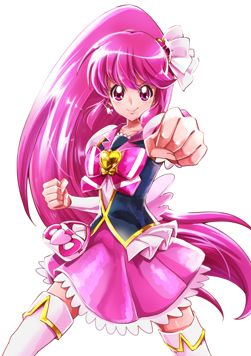 1girl absurdres aino_megumi bow brooch clenched_hand closed_mouth cowboy_shot cure_lovely duplicate earrings hair_ornament happinesscharge_precure! heart heart_earrings heart_hair_ornament highres jewelry long_hair looking_at_viewer magical_girl pink_bow pink_eyes pink_hair pink_skirt ponytail precure sharumon skirt smile solo thigh-highs very_long_hair white_background white_legwear wide_ponytail