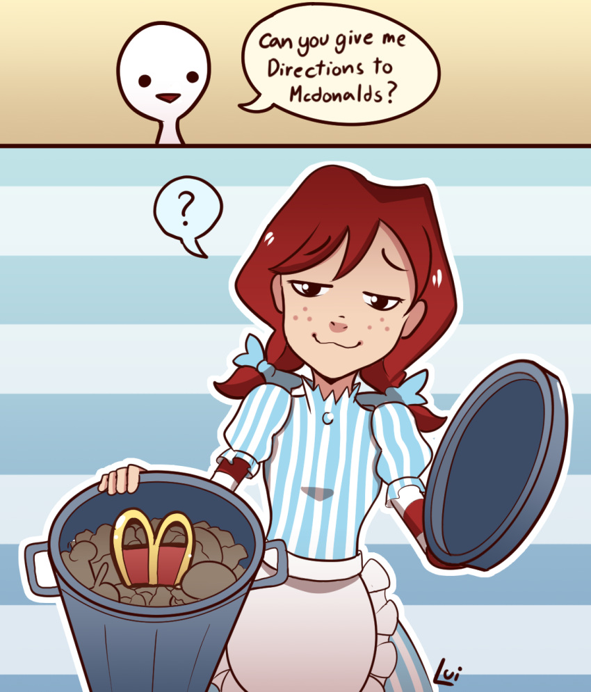 1girl :3 ? apron artist_name bangs bow comic english freckles hair_bow highres lui421 mcdonald's open_mouth outline redhead smirk solo speech_bubble stripped trash_can wendy's wendy_(wendy's) white_outline