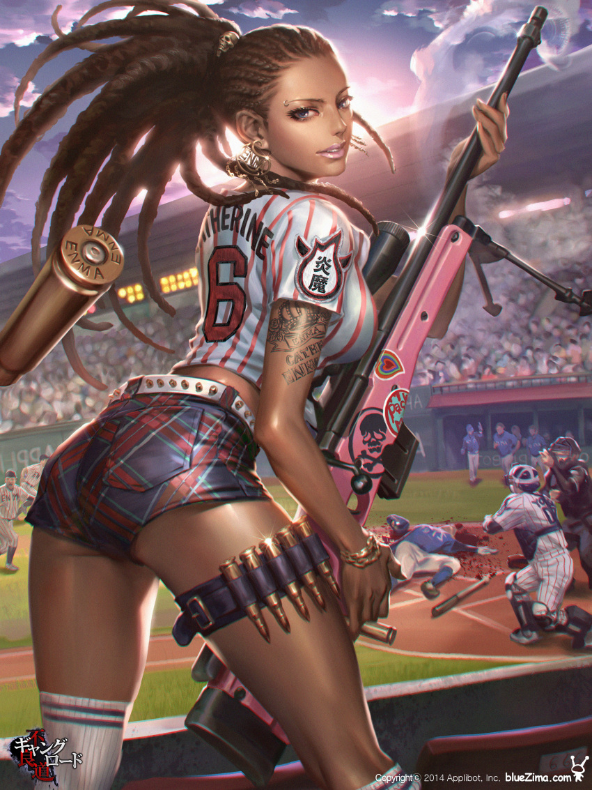 1girl absurdres ass baseball_stadium baseball_uniform belt blood blue_eyes bracelet breasts brown_hair bullet character_name chromatic_aberration commentary copyright_request dark_skin death dong-wook_shin earrings eyebrow_piercing eyebrows eyelashes forehead from_behind gun hairlocs highres jewelry large_breasts lips lipstick long_hair looking_at_viewer looking_back makeup mole over-kneehighs piercing realistic rifle shell_casing shorts smoke smoking_gun sniper_rifle solo sportswear striped studded_belt tattoo thigh-highs thigh_strap vertical_stripes very_dark_skin weapon