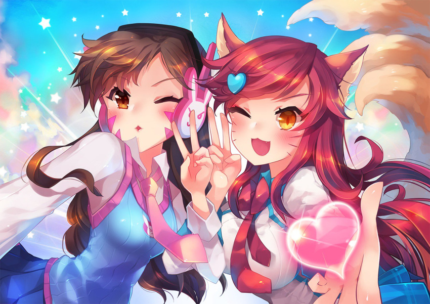 &gt;:3 &gt;;d 2girls :3 ;d adapted_costume ahri animal_ears bangs blue_skirt blue_sky blue_vest breasts brown_eyes brown_hair clouds cloudy_sky collared_shirt crossover d.va_(overwatch) day eyebrows_visible_through_hair facial_mark fang fox_ears fox_tail hair_ornament hamifr headphones heart heart_hair_ornament jewelry large_breasts league_of_legends long_sleeves medium_breasts multiple_girls multiple_tails necklace necktie one_eye_closed open_mouth outdoors overwatch pink_necktie pleated_skirt reaching reaching_out red_necktie school_uniform shirt skirt sky small_breasts smile star sweater_vest swept_bangs tail v vest whisker_markings white_shirt yellow_eyes
