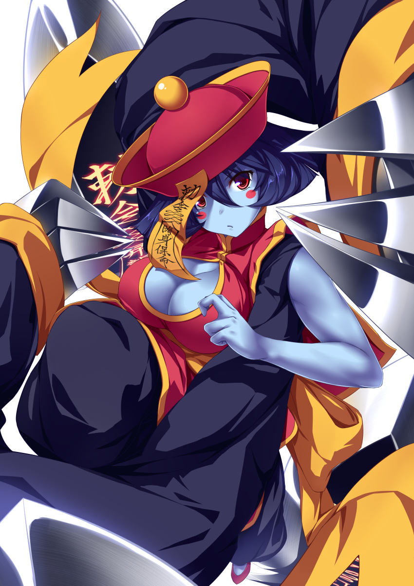 &gt;:/ 1girl :/ absurdres bare_arms blue_hair blue_skin blush_stickers breasts chinese_clothes claws cleavage cleavage_cutout closed_mouth commentary_request flipped_hair foreshortening hat highres jiangshi large_breasts lei_lei long_sleeves looking_at_viewer ofuda red_eyes short_hair solo ugume vampire_(game)
