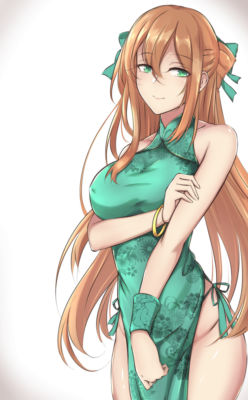 1girl alternate_costume bangle bangs bare_shoulders blush bracelet breasts brown_hair china_dress chinese_clothes closed_mouth collarbone dress eyebrows_visible_through_hair eyes_visible_through_hair floral_print girls_frontline green_dress green_eyes green_ribbon groin hair_between_eyes hair_ribbon hair_rings half-closed_eyes hand_on_own_arm highres jewelry large_breasts long_hair looking_at_viewer m1903_springfield_(girls_frontline) ponytail ribbon side-tie_costume side_slit sidelocks simple_background smile solo standing thighs upper_body wristband zhishi_ge_fangzhang