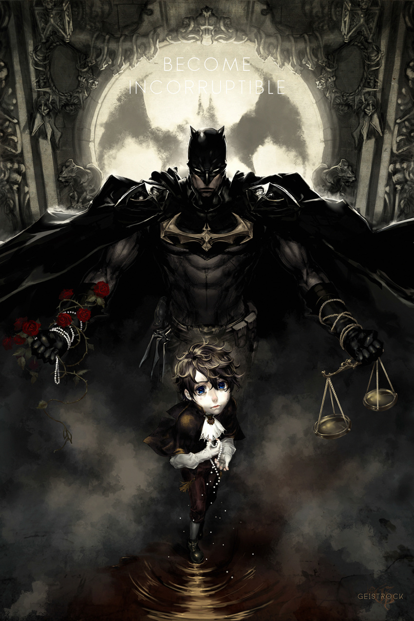 2boys age_progression batman batman_(series) bead_necklace beads bruce_wayne cape dc_comics dual_persona emblem flower highres jewelry looking_at_viewer mask multiple_boys necklace plant rose scales superhero t.j._geisen vines