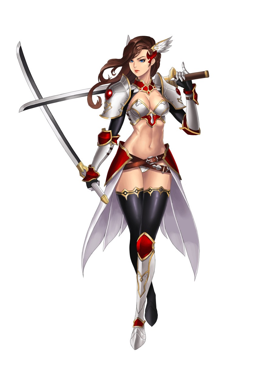 &gt;:( 1girl absurdres armor beltskirt bikini_armor black_legwear blue_eyes breasts brown_hair cleavage closed_eyes dual_wielding full_body gauntlets greaves hair_ornament highres holding holding_sword holding_weapon karmiel knight long_hair looking_at_viewer medium_breasts midriff navel original over_shoulder pauldrons simple_background solo stomach sword thigh-highs waist_cape wavy_hair weapon weapon_over_shoulder white_background winged_hair_ornament
