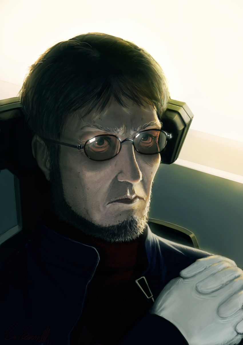 1boy absurdres beard destraudo facial_hair gendou_pose glasses gloves hands_clasped highres ikari_gendou male_focus neon_genesis_evangelion photorealistic realistic rebuild_of_evangelion solo