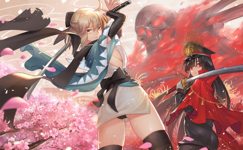 2girls ahoge architecture ass black_hair black_legwear black_panties black_scarf blonde_hair cape cherry_blossoms demon_archer duan_henglong east_asian_architecture fate_(series) fire half_updo haori hat holding holding_sword holding_weapon japanese_clothes katana kimono koha-ace long_hair military military_uniform multiple_girls obi panties pantyshot pantyshot_(standing) peaked_cap petals red_cape red_eyes sakura_saber sash scarf shinsengumi short_hair short_kimono skull standing sword thigh-highs underwear uniform weapon yellow_eyes