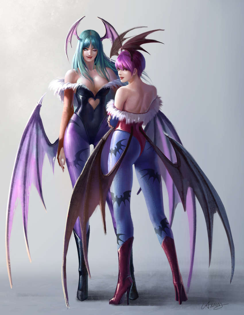 2girls :d :q absurdres age_difference animal_print aqua_eyes aqua_hair ass back backless_outfit bangs bare_shoulders bat_print bat_wings black_boots black_leotard blue_legwear boots breasts bridal_gauntlets cleavage covered_navel demon_girl floating_hair from_behind full_body fur_trim gradient gradient_background grey_background hair_between_eyes head_wings heart_cutout high_heel_boots high_heels highleg highleg_leotard highres hips holding_arm large_breasts legs_apart leotard licking_lips lilith_aensland lipstick long_hair looking_at_viewer looking_back low_wings makeup morrigan_aensland multiple_girls naughty_face navel_cutout one_eye_closed open_mouth pantyhose parted_bangs parted_lips print_legwear purple_hair purple_legwear realistic red_boots red_eyes red_leotard red_lipstick shadow short_hair siblings signature sisters smile standing stiletto_heels succubus taekwon_kim tongue tongue_out transparent vampire_(game) wings
