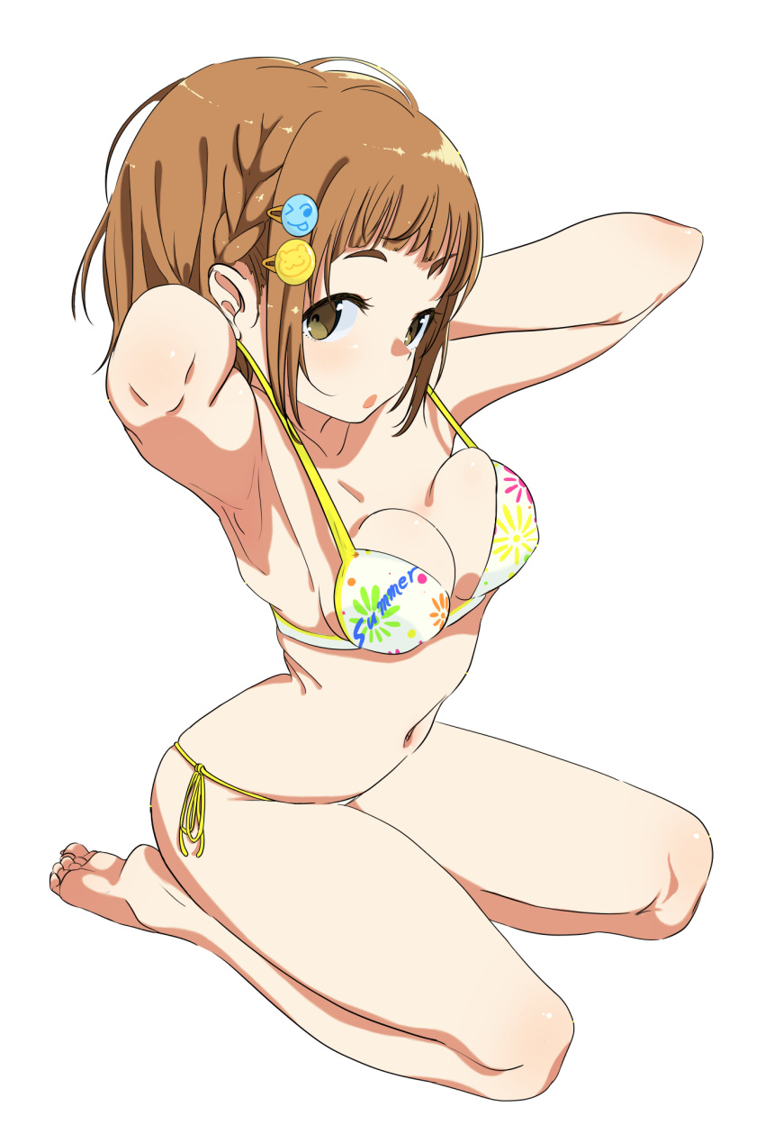 1girl armpits bare_legs barefoot bikini breasts brown_eyes brown_hair commentary_request feet full_body highres looking_at_viewer medium_breasts navel open_mouth original print_bikini seiza side-tie_bikini sitting solo swimsuit telephoto toes transparent_background
