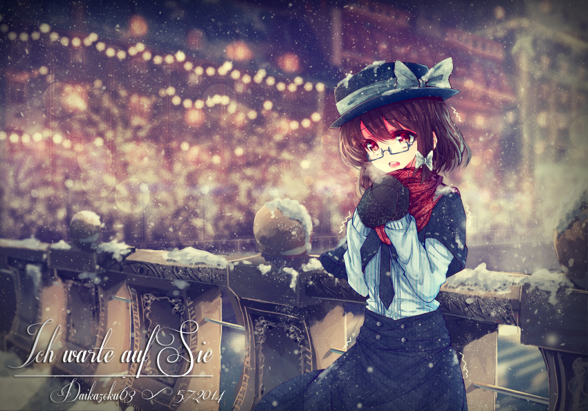 1girl 2014 absurdres artist_name blurry bow breath bridge brown_eyes brown_hair city cityscape cold daikazoku63 dated depth_of_field german glasses gloves hair_bow hands_together hat highres lens_flare number open_mouth outdoors scarf scenery semi-rimless_glasses skirt snow snowing solo touhou translated under-rim_glasses usami_renko water winter winter_clothes