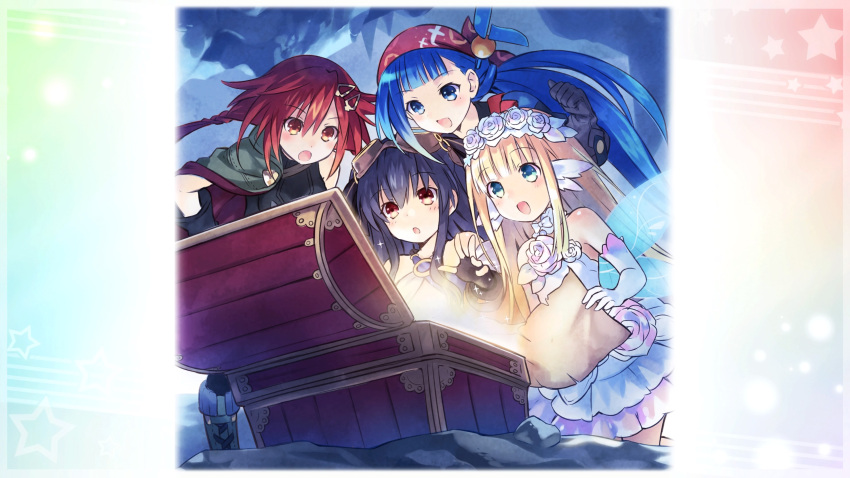 4girls :d :o absurdres black_gloves black_hair black_legwear black_shirt blonde_hair blue_eyes blue_hair boots bouquet_(choujigen_game_neptune) detached_sleeves dress eyebrows_visible_through_hair fairy_wings four_goddesses_online:_cyber_dimension_neptune frilled_dress frills gloves goggles goggles_on_head green_boots green_clothes hair_ornament hairclip hand_on_hip hat highres long_hair map multiple_girls necktie neptune_(series) open_mouth opening pirate_hat ponytail reaching red_eyes redhead shirt smile tamsoft_(choujigen_game_neptune) tennouboshi_uzume treasure_chest tsunako uni_(choujigen_game_neptune) white_dress white_gloves wings