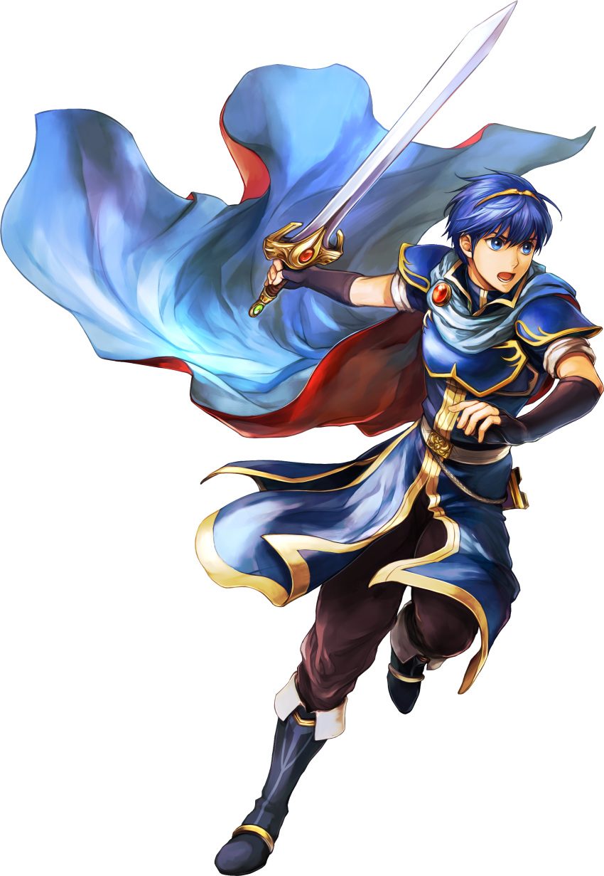 1boy absurdres blue_eyes blue_hair boots breastplate cape fingerless_gloves fire_emblem fire_emblem_heroes full_body gloves highres holding holding_sword holding_weapon marth official_art open_mouth pauldrons short_hair solo sword transparent_background weapon wind wind_lift