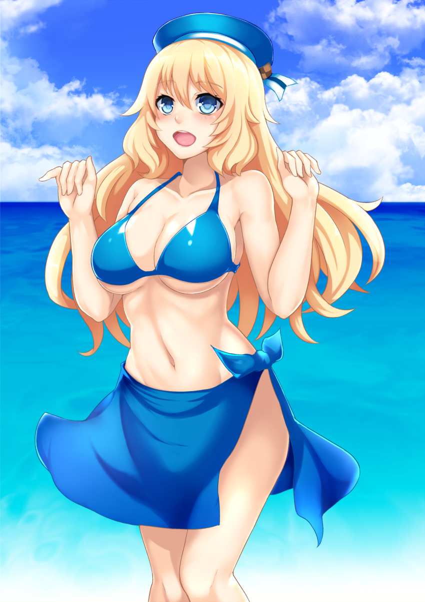 1girl :d alternate_costume armpits atago_(kantai_collection) bangs bare_arms bare_shoulders beach beret bikini blonde_hair blue_bikini blue_eyes blue_sky blush breasts cleavage clouds cloudy_sky collarbone cowboy_shot day groin hair_between_eyes halter_top halterneck hat highres kantai_collection large_breasts legs_together long_hair looking_at_viewer navel open_mouth outdoors sarong sky smile solo stomach swimsuit yashichii