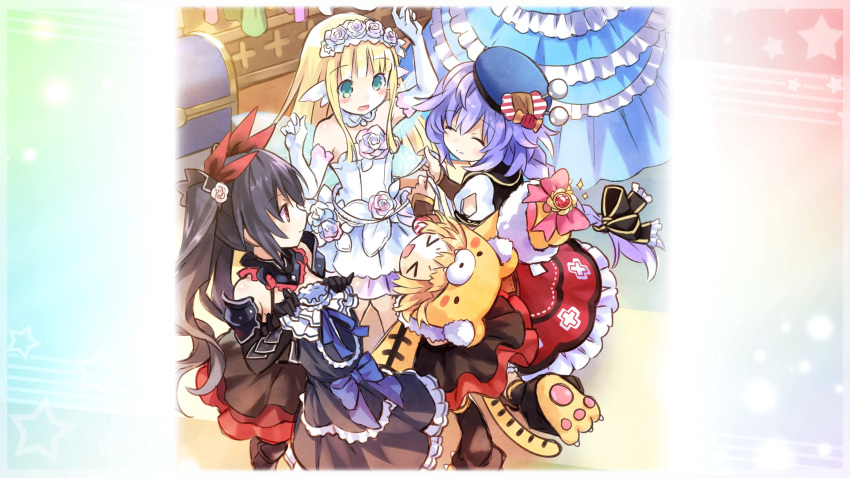 &gt;_&lt; 4girls absurdres animal_costume animal_ears animal_hat armor armored_boots armored_dress black_armor black_bow black_dress black_hair blonde_hair blue_dress blue_eyes boots bouquet_(choujigen_game_neptune) bow braid closed_eyes detached_sleeves dress flower four_goddesses_online:_cyber_dimension_neptune frilled_dress frills gloves hair_flower hair_ornament hair_ribbon happy hat highres holding_dress long_braid long_hair low-tied_long_hair multiple_girls necktie neptune_(series) noire outstretched_arms paws pink_bow pish purple_hair pururut red_dress red_eyes ribbon rose short_hair shoulder_armor sparkle tail treasure_chest tsunako twintails white_dress white_gloves