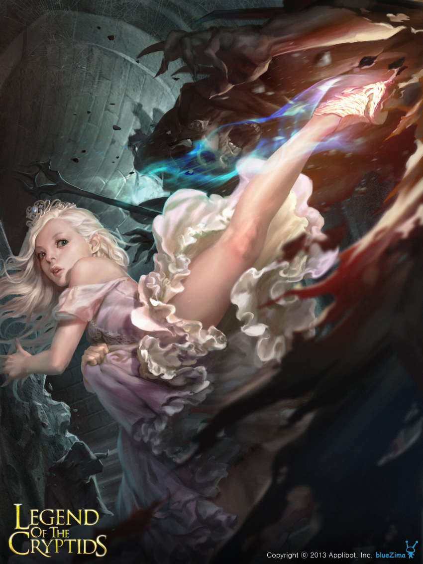1girl absurdres battle blonde_hair blue_eyes commentary dong-wook_shin dress highres kicking legend_of_the_cryptids lips long_hair mage nose off-shoulder_dress off_shoulder princess princess_rodes realistic solo_focus tiara