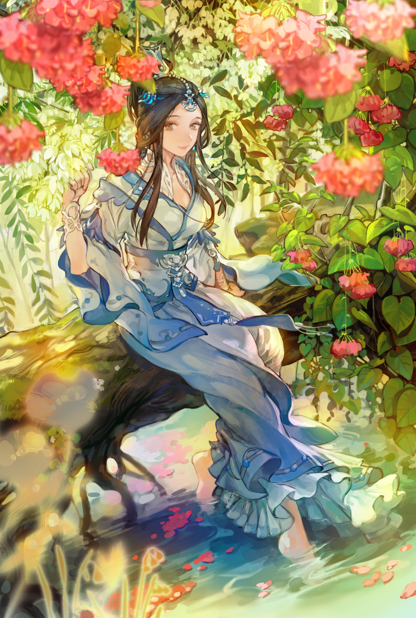 1girl arm_support barefoot black_hair blurry bracelet breasts brown_eyes character_request chinese_clothes ching_nu_yu_hun_2 closed_mouth depth_of_field dress flower full_body hair_ornament highres in_tree jewelry long_hair long_sleeves looking_at_viewer medium_breasts noir_(ibaraki) petals plant sash sidelocks sitting sitting_in_tree smile solo tree white_dress wide_sleeves