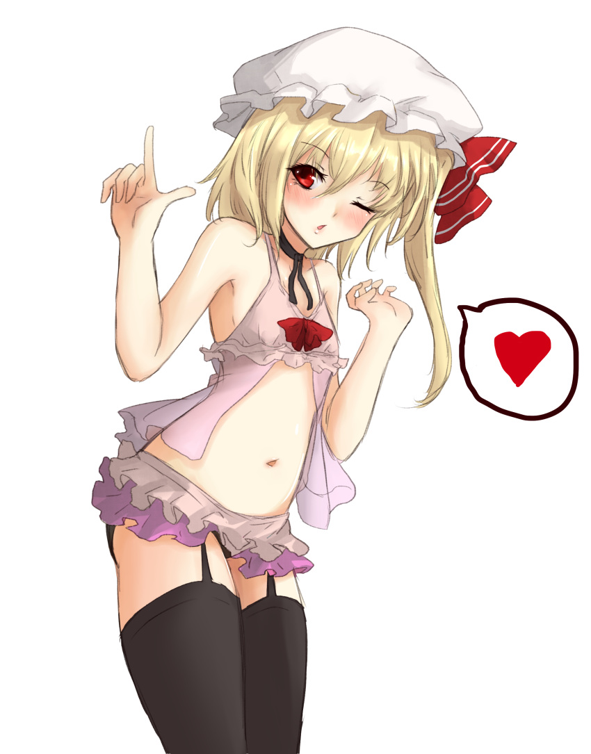 1girl absurdres amagi_(amagi626) babydoll black_legwear black_panties black_ribbon blonde_hair blush flandre_scarlet garter_straps hat hat_ribbon heart highres index_finger_raised looking_at_viewer mob_cap navel neck_ribbon one_eye_closed panties red_eyes red_ribbon ribbon simple_background spoken_heart stomach thigh-highs touhou underwear white_background