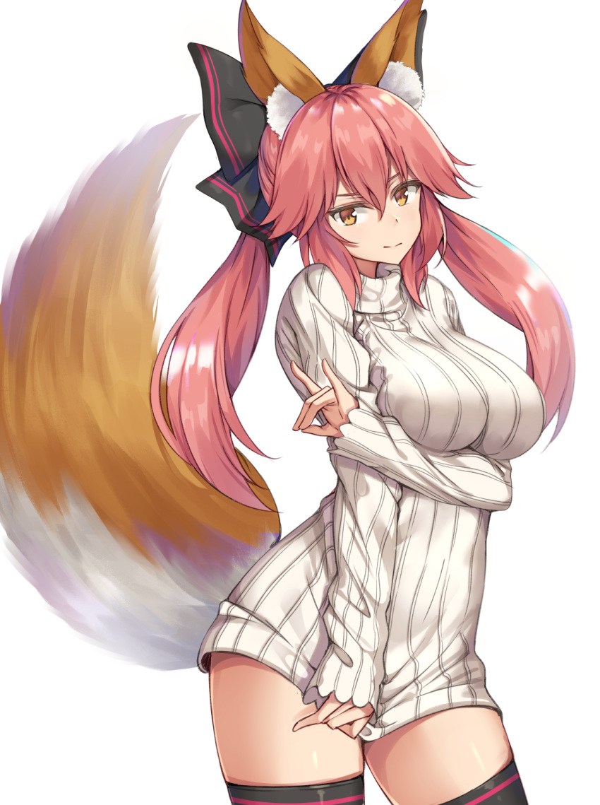 1girl alternate_hairstyle animal_ear_fluff animal_ears black_legwear bottomless breast_hold breasts brown_eyes clothes_tug fate/extra fate_(series) fox_ears fox_shadow_puppet fox_tail highres kanikou large_breasts light_smile long_hair pink_eyebrows pink_hair simple_background solo sweater sweater_tug tail tamamo_(fate)_(all) tamamo_no_mae_(fate) thigh-highs thighs twintails type-moon white_background