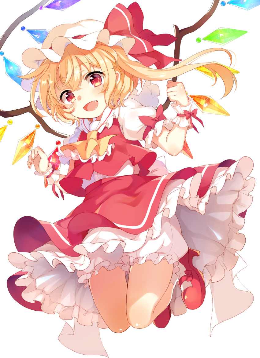 1girl absurdres ascot bangs blonde_hair bloomers blush eyebrows_visible_through_hair flandre_scarlet full_body hat hat_ribbon highres long_hair looking_at_viewer mob_cap open_mouth paragasu_(parags112) red_eyes red_shoes red_skirt ribbon shoes side_ponytail simple_background skirt skirt_set smile socks solo touhou underwear vest white_background white_legwear wings wrist_cuffs