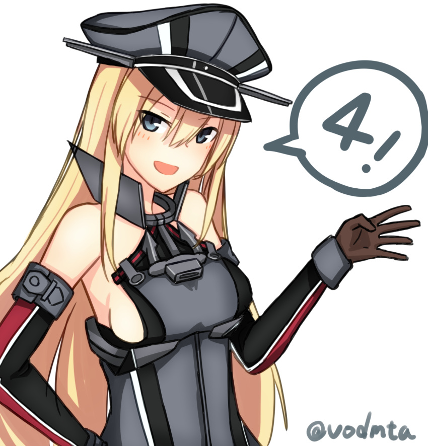 4 anchor_hair_ornament bare_shoulders bismarck_(kantai_collection) blonde_hair blue_eyes breastplate detached_sleeves gloves hair_ornament hat highres kantai_collection long_hair military military_hat military_uniform number peaked_cap simple_background speech_bubble uniform white_background yuubokumin