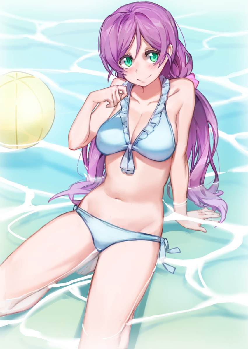 1girl ball beach beachball bikini bikini_bottom bikini_top blue_bikini blue_bikini_bottom blue_bikini_top blush breasts cleavage green_eyes highres large_breasts long_hair looking_at_viewer love_live! love_live!_school_idol_project navel partially_submerged purple_hair smile solo swimsuit toujou_nozomi twintails yohan1754