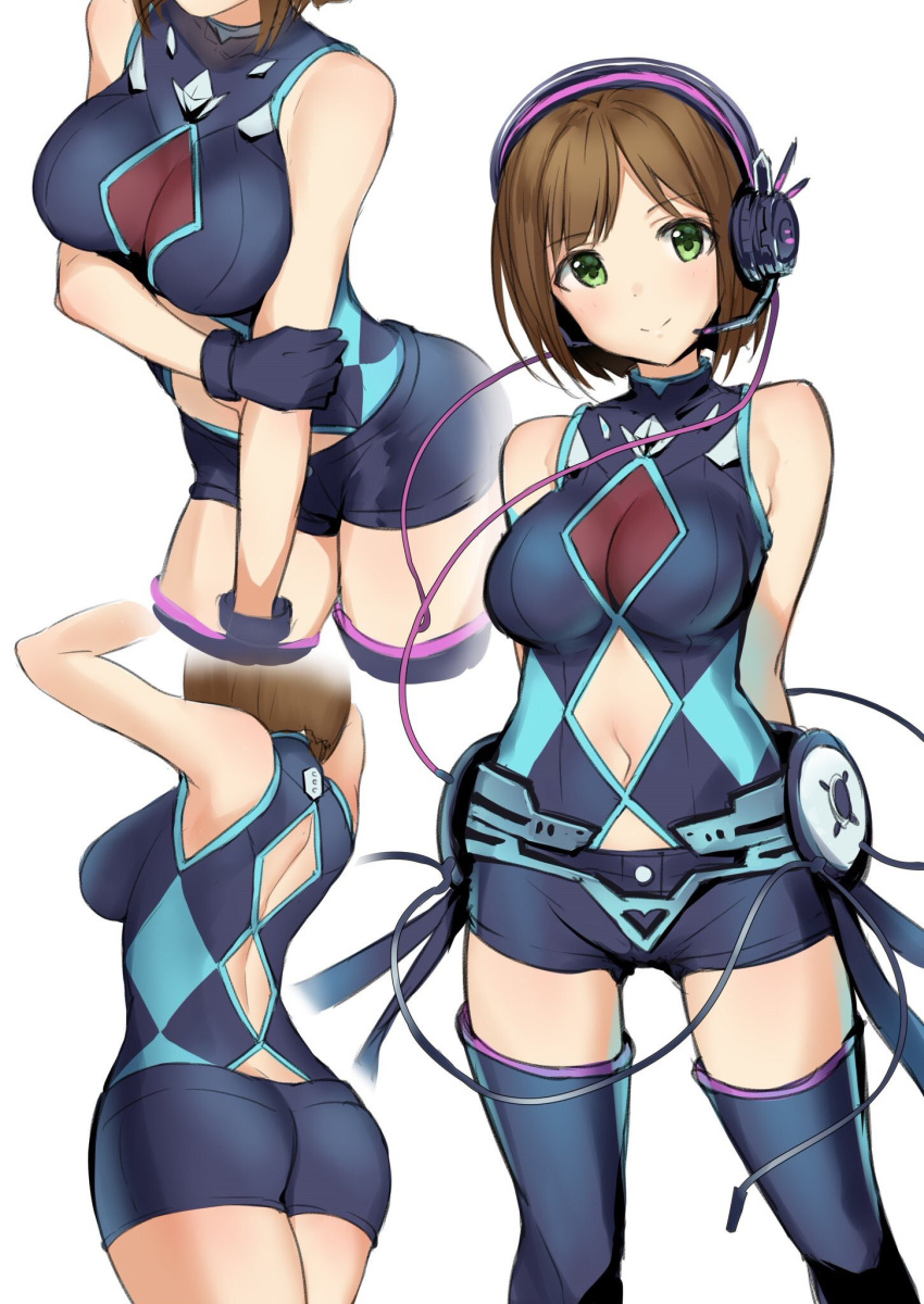 1girl arms_behind_back arms_behind_head arms_up ass back back_cutout bare_shoulders boots breasts brown_hair cable cleavage cleavage_cutout gloves green_eyes headphones highres idolmaster idolmaster_cinderella_girls idolmaster_cinderella_girls_starlight_stage large_breasts maekawa_miku multiple_views navel navel_cutout short_hair short_shorts shorts simple_background smile solo takeya_y0615 thigh-highs thigh_boots thighs white_background
