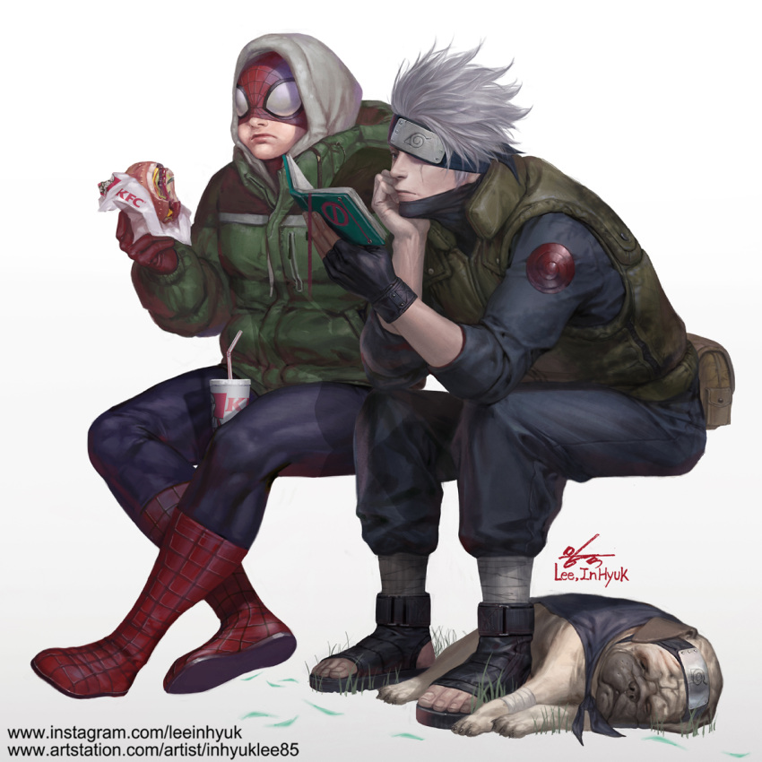 artist_name black_gloves book chin_rest crossover dog drink drinking_straw eating fingerless_gloves food forehead_protector gloves grass hatake_kakashi headband hood in-hyuk_lee invisible_chair jacket kfc marvel muscle naruto open_toe_shoes pakkun pouch reading sandwich scar scar_across_eye shoes signature silver_hair sitting sleeping spider-man spider-man_(series) superhero vest watermark web_address