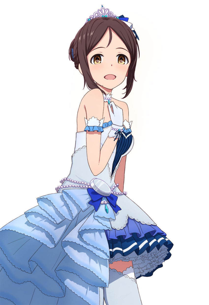1girl ayase_honoka bare_shoulders blush brown_eyes brown_hair dress gloves highres idolmaster idolmaster_cinderella_girls idolmaster_cinderella_girls_starlight_stage long_hair looking_at_viewer open_mouth pocket_watch simple_background smile solo starry_sky_bright thigh-highs tiara tied_hair watch white_background white_gloves yahiro_(epicopeiidae) yellow_eyes