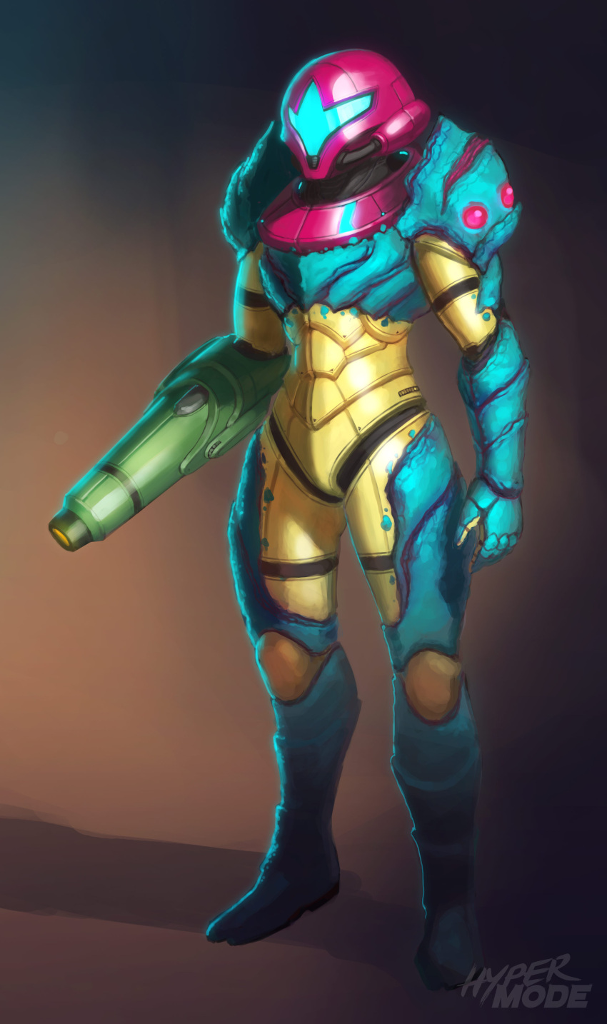 1girl absurdres alternate_costume arm_cannon commentary dave_lopez full_body fusion_suit helmet highres metroid metroid_fusion power_armor redesign samus_aran solo weapon
