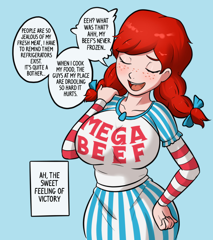 1girl blue_background bow breasts closed_eyes collarbone english freckles hair_bow highres large_breasts mega_milk open_mouth parody redhead relatedguy simple_background solo speech_bubble wendy's wendy_(wendy's)