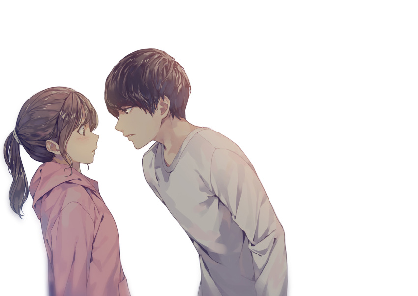 1boy 1girl bangs black_hair blurry blush brown_eyes brown_hair closed_mouth depth_of_field eye_contact from_side grey_shirt highres hood hoodie leaning_forward long_sleeves looking_at_another original parted_lips ponytail shirt simple_background solo upper_body white_background yohan12