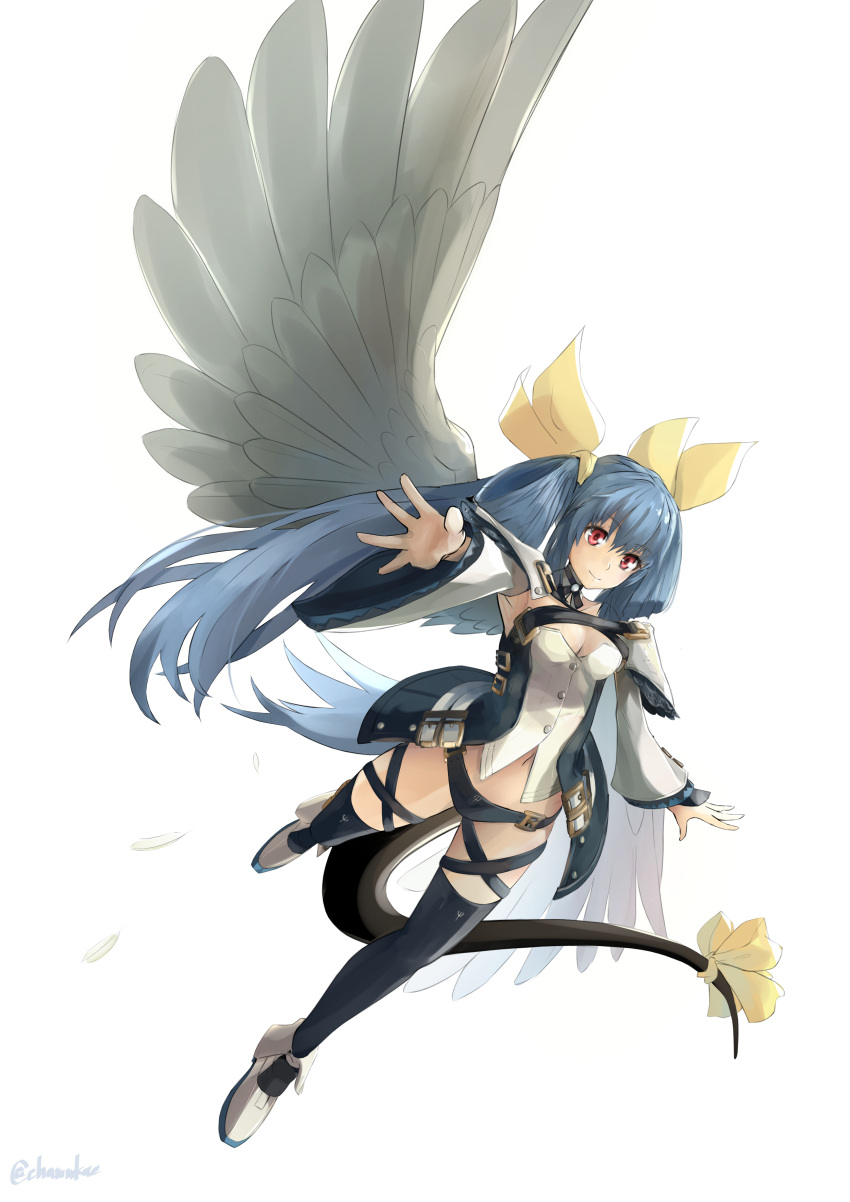 1girl absurdres asymmetrical_wings black_legwear black_panties blue_hair bow chamu_(chammkue) commentary_request dizzy guilty_gear guilty_gear_xrd highres panties red_eyes ribbon solo tail tail_bow tail_ribbon thigh-highs twitter_username underwear wings