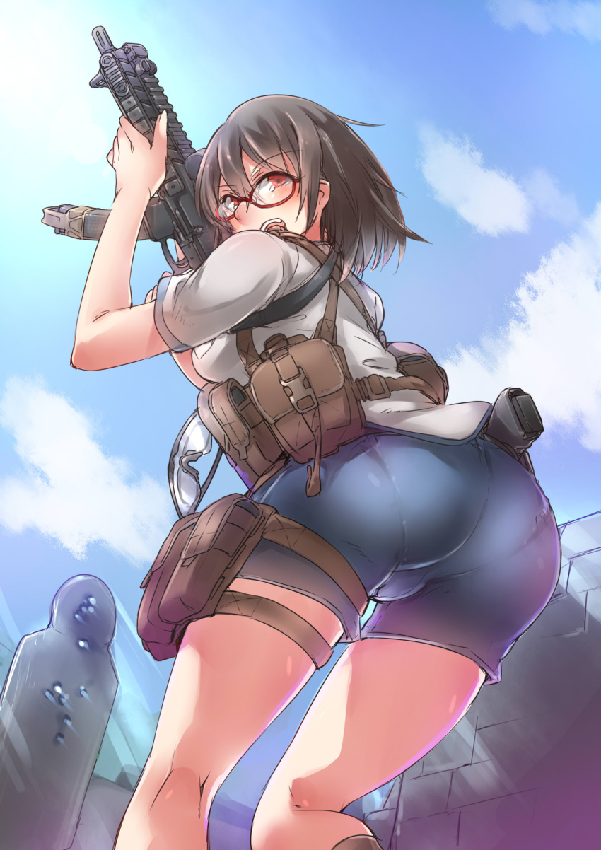 1girl ayyh brown_hair clouds glasses goggles gun handgun highres holster looking_back original outdoors red-framed_eyewear red_eyes rifle shooting_range shorts sky solo thigh_holster thigh_strap utility_vest vest wall weapon