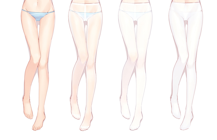 1girl bare_legs barefoot bison_cangshu blue_panties comparison feet highres hips legs lower_body multiple_views navel no_shoes original panties pantyhose see-through simple_background striped striped_panties thighs underwear white_background white_legwear white_panties