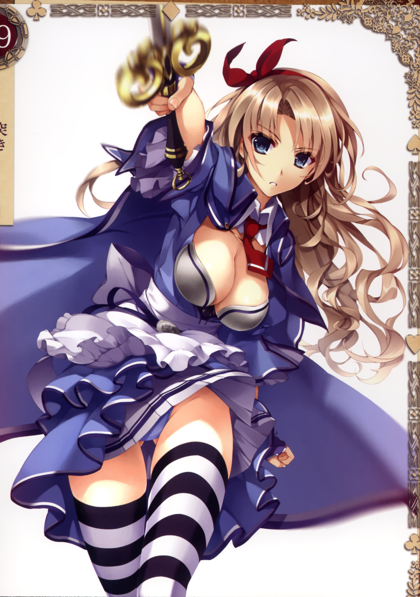 1girl alicia_(queen's_blade) bangs blue_eyes breasts brown_hair cape cleavage eyebrows_visible_through_hair fingerless_gloves frills gloves hair_ribbon highres holding holding_weapon large_breasts long_hair misaki_kurehito necktie official_art panties queen's_blade queen's_blade_grimoire ribbon scan short_sleeves skirt solo striped striped_legwear sword underwear weapon white_panties