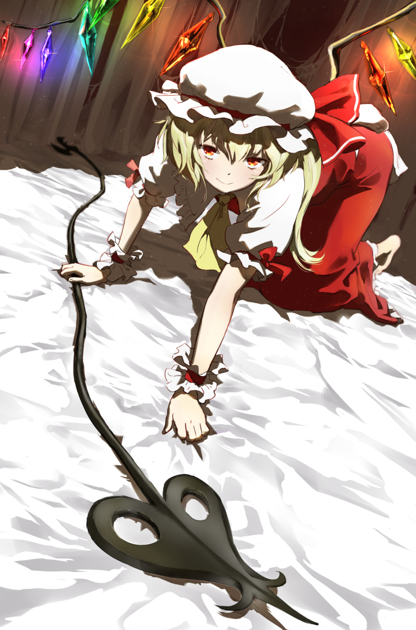 1girl 9901 all_fours ascot bangs barefoot bed_sheet blonde_hair crystal flandre_scarlet full_body hat hat_ribbon highres laevatein long_hair looking_at_viewer mob_cap puffy_short_sleeves puffy_sleeves red_eyes red_ribbon red_skirt ribbon short_sleeves side_ponytail skirt skirt_set smile solo touhou vest wings wrist_cuffs