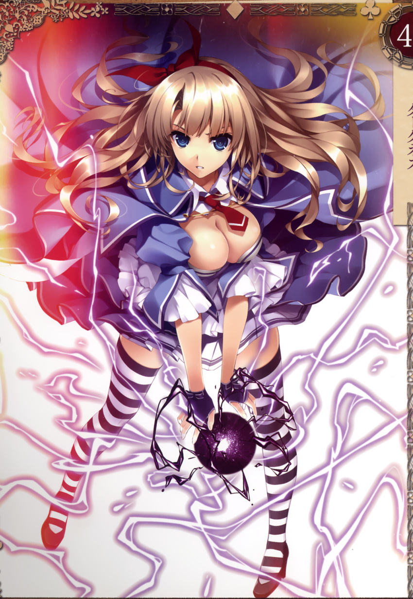1girl alicia_(queen's_blade) bangs blue_eyes breasts brown_hair cape cleavage fingerless_gloves gloves hair_ribbon high_heels highres large_breasts long_hair looking_at_viewer magic misaki_kurehito necktie official_art pleated_skirt queen's_blade queen's_blade_grimoire red_necktie ribbon scan short_sleeves simple_background skirt solo striped striped_legwear thigh-highs white_background zettai_ryouiki