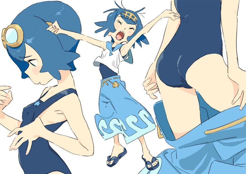 1girl armpits arms_up ass baggy_pants blue_eyes blue_hair breasts closed_eyes feet from_side full_body goggles goggles_on_head hair_ornament one-piece_swimsuit open_mouth pants pokemon pokemon_(game) pokemon_sm shirt short_hair simple_background sleeveless sleeveless_shirt slippers small_breasts solo_focus suiren_(pokemon) swimsuit swimsuit_pull trial_captain white_background yawning