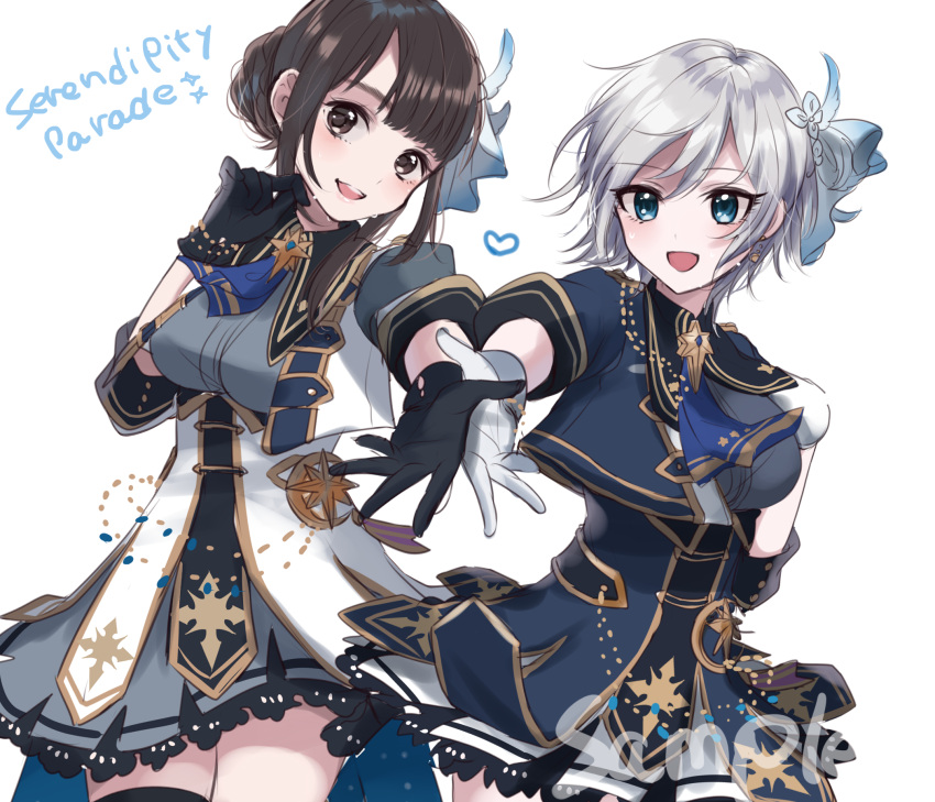 2girls anastasia_(idolmaster) blue_eyes capelet gloves highres idolmaster idolmaster_cinderella_girls idolmaster_cinderella_girls_starlight_stage multiple_girls real_life seiyuu seiyuu_connection short_hair silver_hair sinsihukunokonaka sketch smile uesaka_sumire