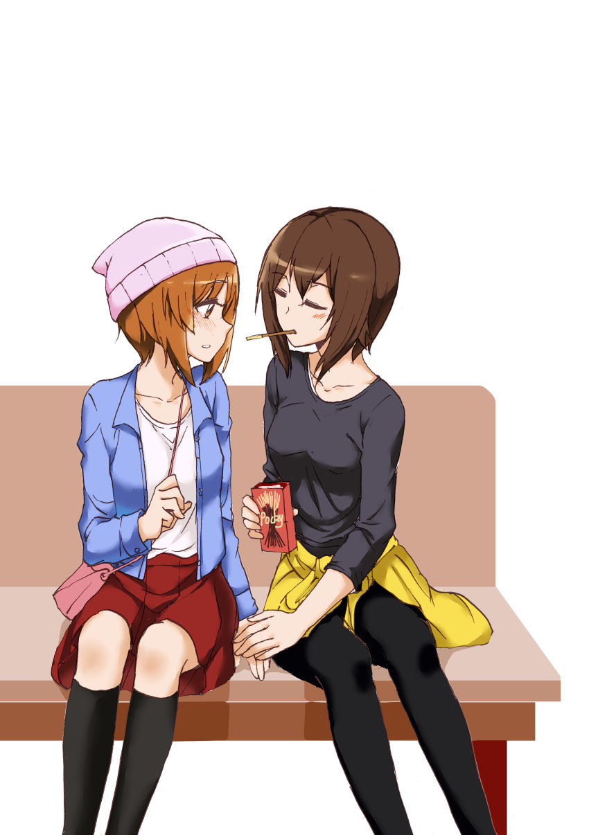 10s 2girls absurdres bag beanie bench black_legwear black_pants black_shirt blue_jacket blush brown_eyes brown_hair casual closed_mouth clothes_around_waist collarbone embarrassed food girls_und_panzer hand_holding handbag hat highres incest jacket jacket_around_waist kneehighs long_sleeves looking_at_another medium_skirt multiple_girls nishizumi_maho nishizumi_miho open_clothes open_jacket pants park_bench parted_lips pink_hat pleated_skirt pocky pocky_kiss red_skirt shared_food shirt short_hair si_ye siblings sisters sitting sketch skirt white_shirt yellow_jacket yuri