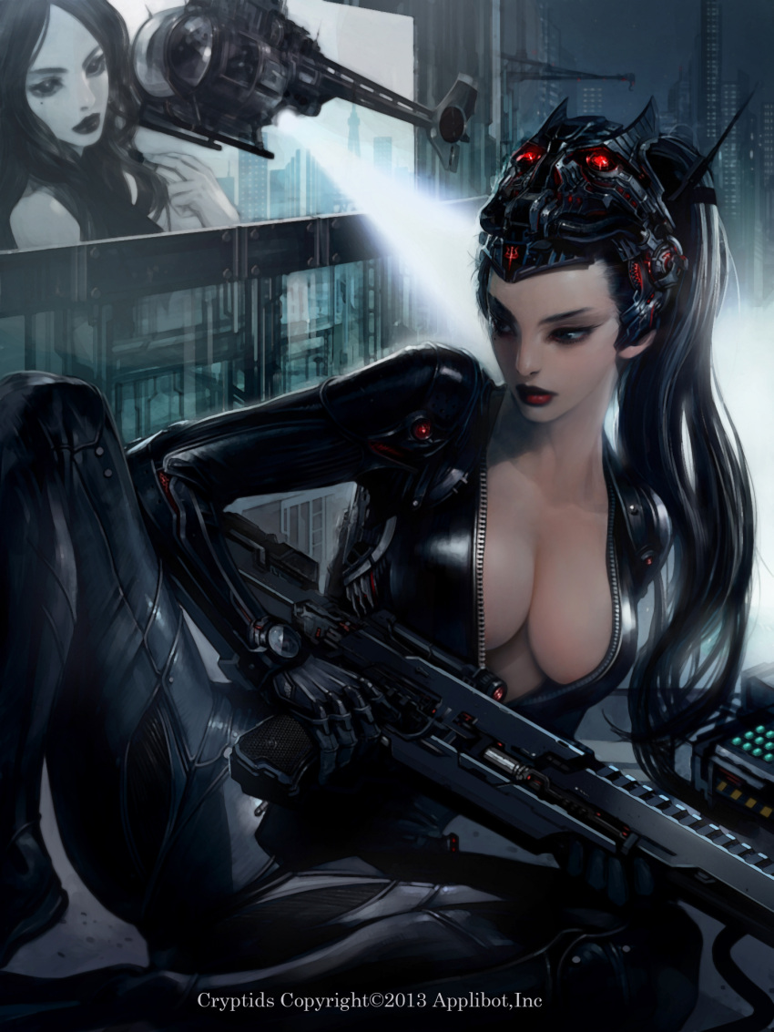 1girl aircraft billboard black_eyes black_hair bodysuit breasts center_opening city dual_persona full-length_zipper helicopter highres jung_myung_lee large_breasts legend_of_the_cryptids lipstick long_hair makeup mask mask_on_head mole mole_under_eye no_bra science_fiction sitting solo unzipped weapon zipper