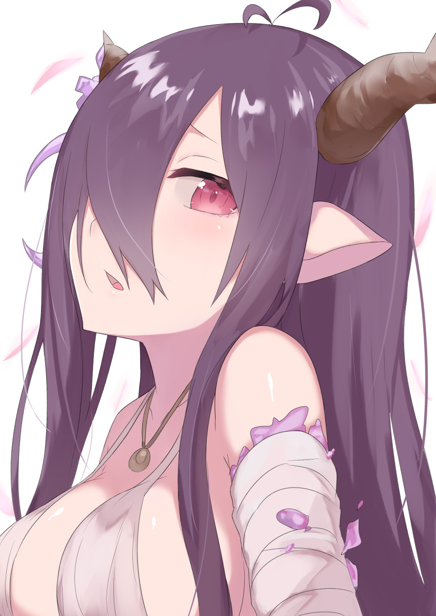 1girl absurdres danua granblue_fantasy hair_between_eyes highres horns ichijou_(kr_neru0) jewelry long_hair looking_at_viewer necklace pointy_ears purple_hair red_eyes solo