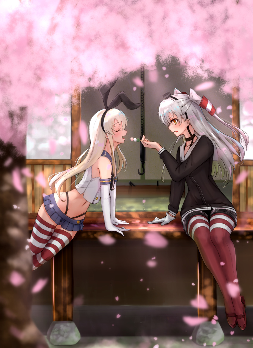 2girls amatsukaze_(kantai_collection) anchor anchor_hair_ornament architecture arm_support bare_shoulders black_panties blonde_hair brown_dress brown_eyes cherry_blossoms choker closed_eyes crop_top dango detached_sleeves dress east_asian_architecture elbow_gloves feeding food garter_straps gloves hair_ornament hair_tubes hairband highleg highleg_panties highres kamome_donburi kantai_collection leaning_forward lifebuoy long_hair looking_at_another microskirt miniskirt multiple_girls open_mouth outdoors panties red_legwear sailor_collar sailor_dress sanshoku_dango school_uniform serafuku shimakaze_(kantai_collection) short_dress silver_hair skirt sliding_doors striped striped_legwear tatami thigh-highs thong two_side_up underwear wagashi white_gloves windsock wooden_floor