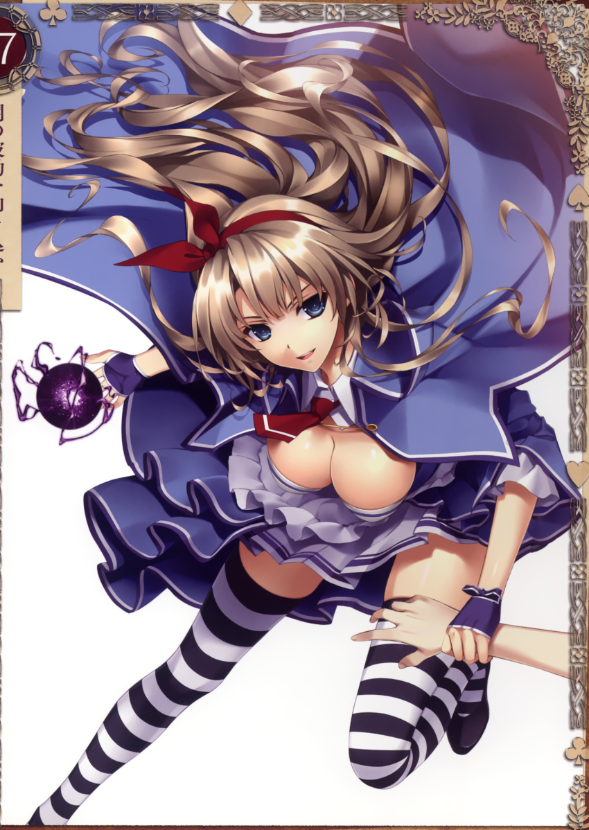 1girl alicia_(queen's_blade) bangs blue_eyes breasts brown_hair cape cleavage fingerless_gloves gloves hair_ribbon highres holding holding_arm large_breasts long_hair magic misaki_kurehito necktie official_art queen's_blade queen's_blade_grimoire ribbon scan shoes short_sleeves simple_background skirt smile solo striped striped_legwear thigh-highs white_background zettai_ryouiki