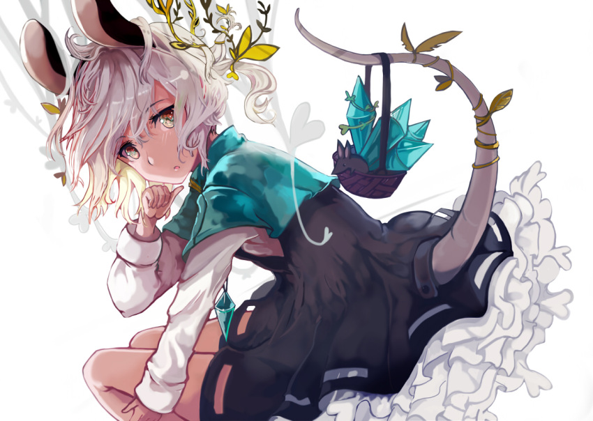 1girl animal_ears basket black_dress brown_eyes capelet crystal dress dutch_angle frills jewelry long_sleeves looking_at_viewer mouse mouse_ears mouse_tail nazrin open_mouth pendant petticoat sasurai_susuki shirt short_dress short_hair silver_hair sitting solo tail touhou white_background white_shirt