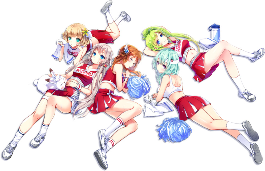 5girls :3 aqua_eyes aqua_hair arms_behind_head blonde_hair blue_eyes blush brown_hair cheerleader closed_eyes clothes_writing crop_top expressionless glasses glasses_removed green_hair hair_ornament hair_over_shoulder hand_on_own_cheek high_ponytail highres holding_towel legs_crossed long_hair looking_at_viewer lying master_of_eternity midriff multiple_girls navel on_back on_stomach pom_poms purple_hair rabbit rimless_glasses round_glasses shoes skirt sleeveless smile sneakers sweat thigh_strap towel transparent_background twintails white_hair wristband