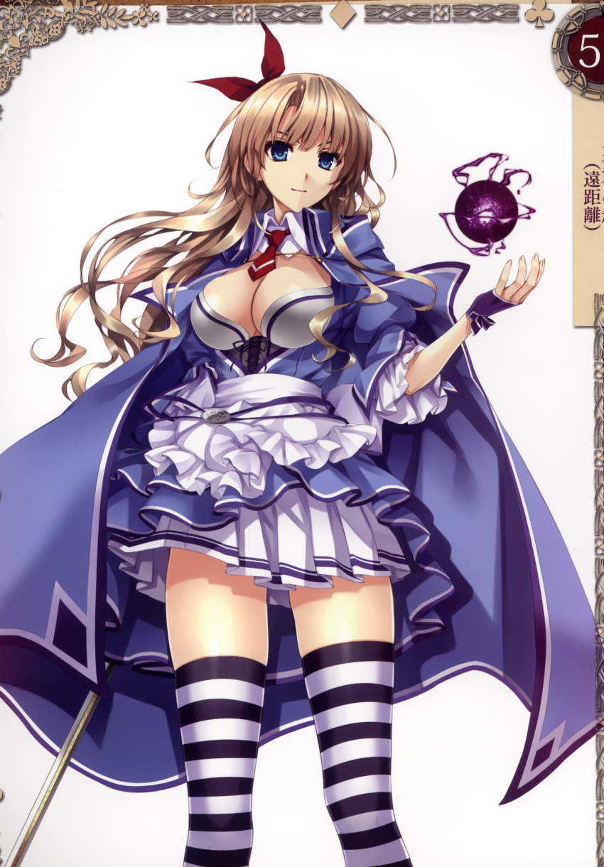 1girl alicia_(queen's_blade) bangs blue_eyes breasts brown_hair cape cleavage fingerless_gloves gloves hair_ribbon highres holding holding_weapon large_breasts long_hair looking_at_viewer magic misaki_kurehito necktie official_art pleated_skirt queen's_blade queen's_blade_grimoire red_necktie ribbon scan short_sleeves simple_background skirt smile solo sword thigh-highs weapon white_background zettai_ryouiki