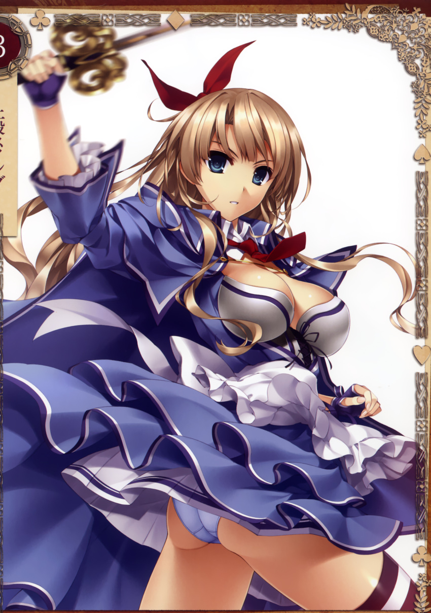 1girl alicia_(queen's_blade) bangs blue_eyes breasts brown_hair cape cleavage eyebrows_visible_through_hair fingerless_gloves gloves hair_ribbon highres holding holding_weapon large_breasts long_hair looking_at_viewer looking_back misaki_kurehito necktie official_art panties pleated_skirt queen's_blade queen's_blade_grimoire red_necktie ribbon scan short_sleeves skirt striped striped_legwear underwear weapon white_background